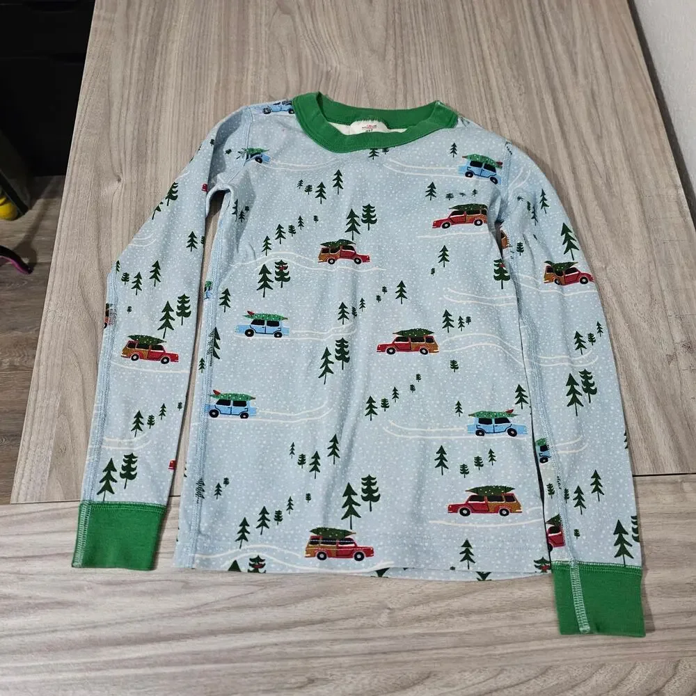 Hanna Andersson Pajama Set Blue Green Red Car Carrying Christmas Tree 6-7